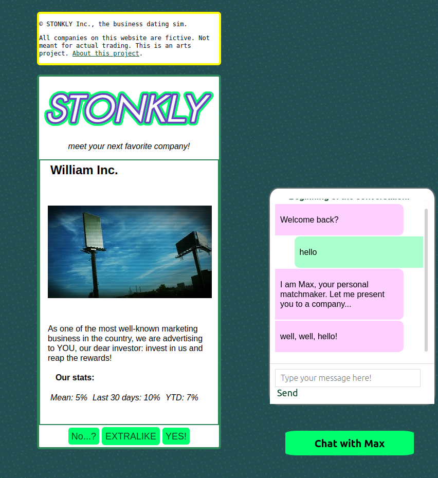landing page of the STONKLY webapp, where we can see the dating profile of William Inc, a fictional business
